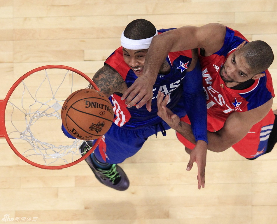 NBA All-Star Carmelo Anthony of New York Knicks and Tim Duncan of San Antonio Spurs position for a rebound during the NBA All-Star basketball game in Houston, Texas, February 17, 2013. 