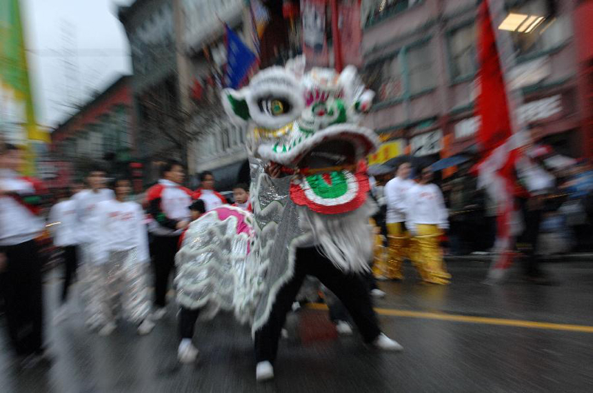 People perform lion dance during a Lunar New Year of the Snake celebration at Chinatown in Vancouver, Canada, Feb. 17, 2013. The grand parade is one of the largest in North America, drawing 70,000 people to the streets of Chinatown. 