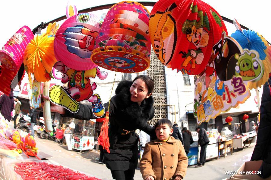 A mother chooses lanterns for her son at a market in Bozhou, east China's Anhui Province, Feb. 20, 2013.