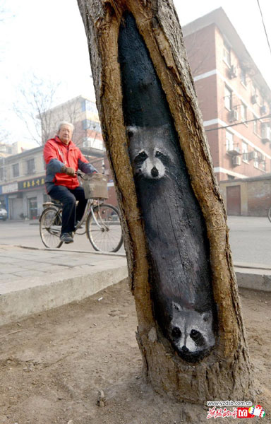 Student painter Wang Yue shows her talent by painting tree holes in Shijiazhuang, capital city of Hebei Province. [Photo: yzdsb.com.cn] 