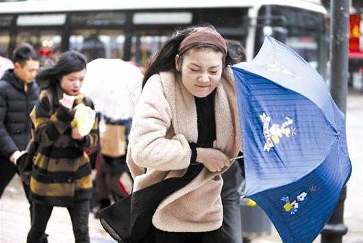 People walk in the strong wind in Jiangcheng, Hubei Province, on March 1. A strong cold front is moving from north to south over the next couple of days, bringing temperature drops and strong winds to south China, the National Meteorological Center. [Photo from ctjb.cnhubei.com]