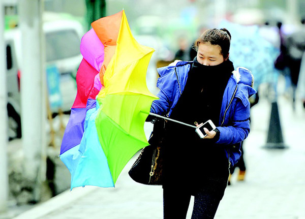  A lady walks in the strong wind in Jiangcheng, Hubei Province, on March 1. A strong cold front is moving from north to south over the next couple of days, bringing temperature drops and strong winds to south China, the National Meteorological Center. [Photo from ctjb.cnhubei.com] 