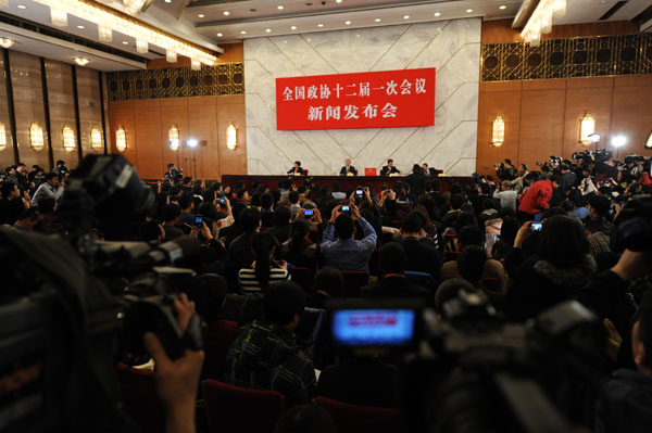 The press conference of the first session of the 12th Chinese People&apos;s Political Consultative Conference (CPPCC) is held Saturday at the Great Hall of the People in Beijing.