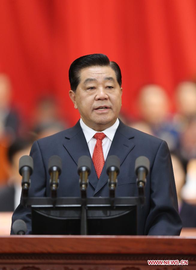 Jia Qinglin delivers a report on the work of the Chinese People's Political Consultative Conference (CPPCC) National Committee's Standing Committee at the first session of the 12th CPPCC National Committee at the Great Hall of the People in Beijing, capital of China, March 3, 2013. 
