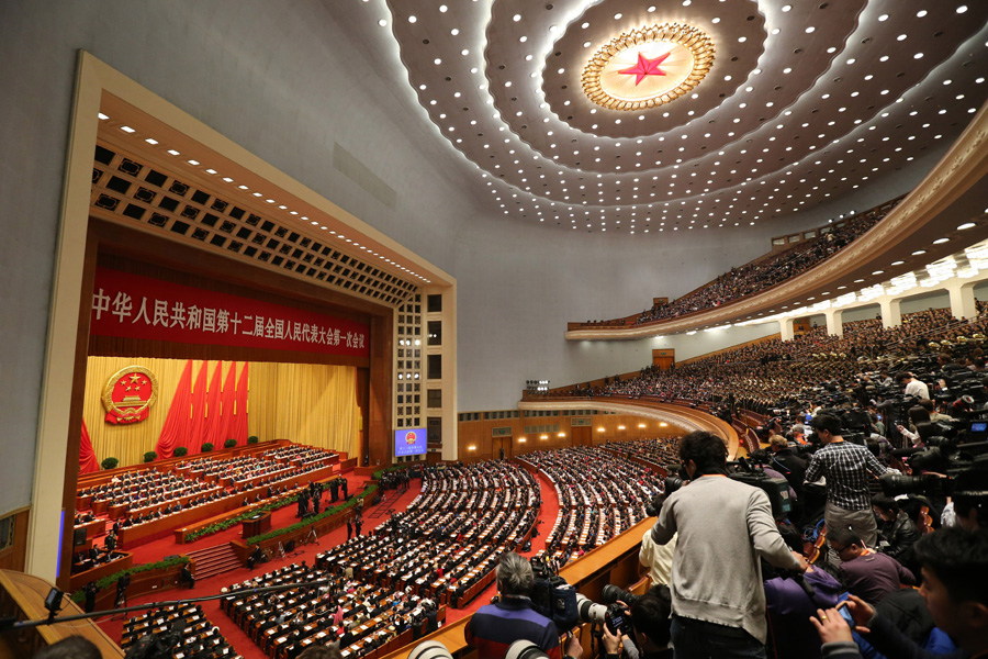 The First Session of the 12th National People's Congress (NPC) starts at 9:00 a.m. Tuesday at the Great Hall of the People in Beijing. Premier Wen Jiabao delivers a report on the work of the central government. [Xinhua]