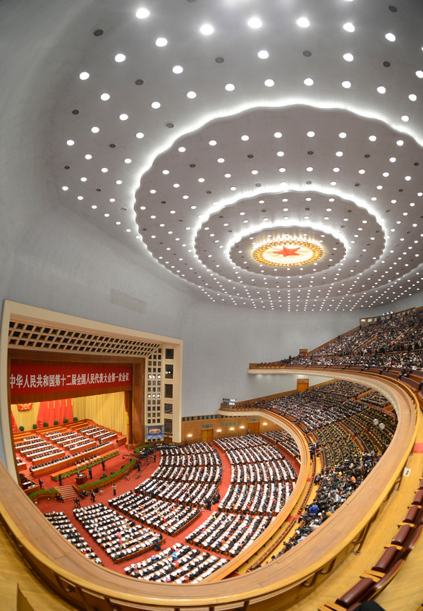 The First Session of the 12th National People's Congress (NPC) starts at 9:00 a.m. Tuesday at the Great Hall of the People in Beijing. Premier Wen Jiabao delivers a report on the work of the central government. [Xinhua]