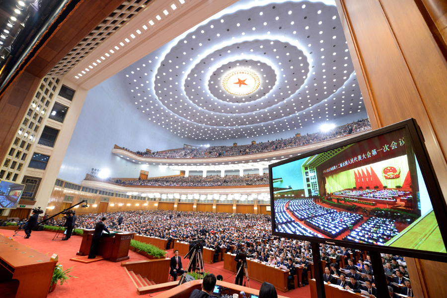 The First Session of the 12th National People's Congress (NPC) starts at 9:00 a.m. Tuesday at the Great Hall of the People in Beijing. Premier Wen Jiabao delivers a report on the work of the central government. [Xinhua]