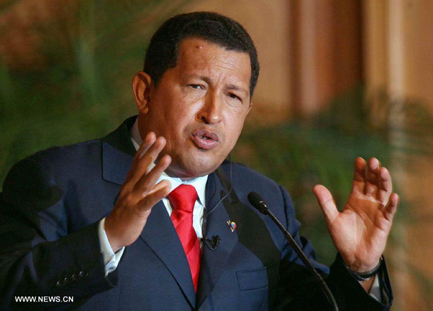 File photo taken on Oct. 17, 2006 shows Venezuelan President Hugo Chavez delivering a speech in Caracas, Venezuela. Venezuelan government confirmed President Hugo Chavez&apos;s death on March 5, 2013.