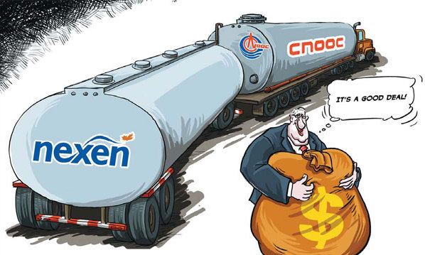 CNOOC Ltd&apos;s $15.1 billion takeover of Canadian oil and gas company Nexen Inc, first announced in July 2012, was completed last month, marking China&apos;s largest-ever successful overseas acquisition. [Photo/China Daily] 