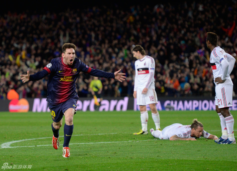 Lionel Messi celebrates after vanquishing Milan's first leg advantage.