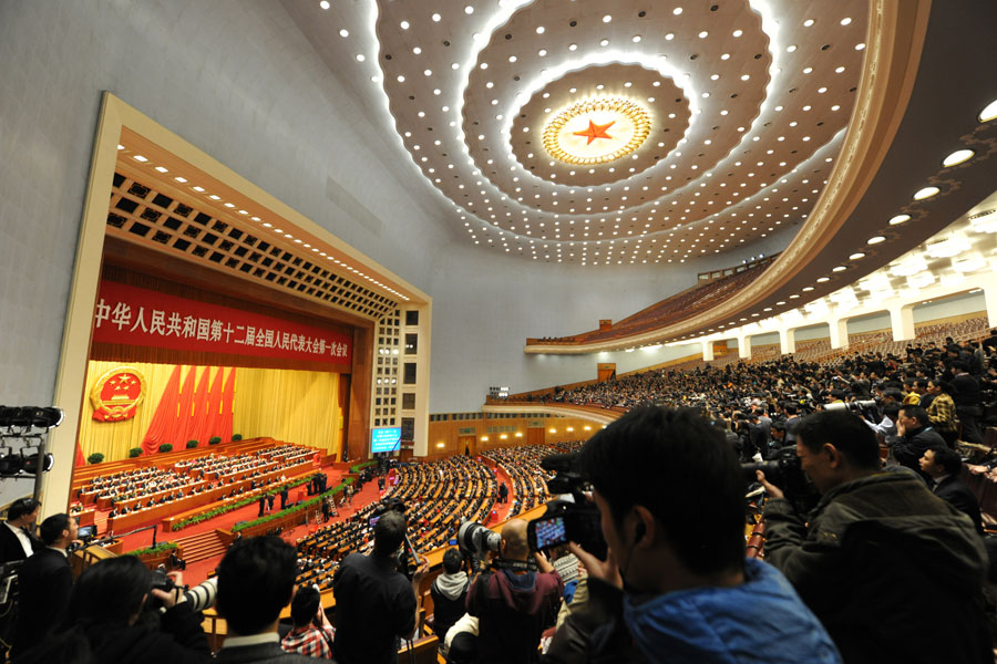 The fourth plenary meeting of the first session of the 12th National People&apos;s Congress (NPC) is held at the Great Hall of the People in Beijing, capital of China, March 14, 2013. 
