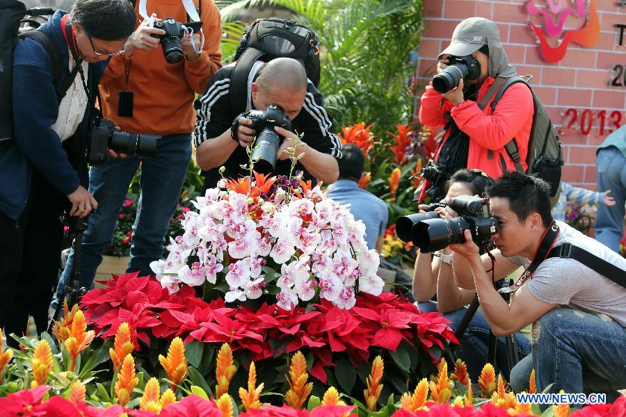 Shutterbugs take pictures of orchid displayed at a flower show in south China&apos;s Hong Kong, March 15, 2013. The 10-day Hong Kong Flower Show 2013 kicks off on Friday at Victoria Park. More than 200 organizations contributed some 350,000 flowers to the show. [Photo / Xinhua]