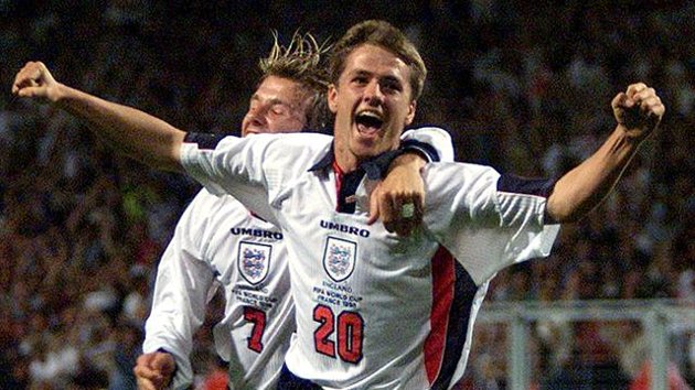 Michael Owen celebrates scoring against Argentina at the 1998 World Cup.