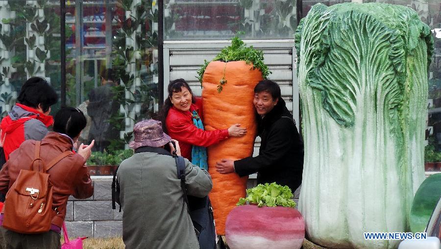 Visitors pose for photos with models of vegetables during the 1st Agriculture Carnival at the Strawberry Expo Park in Changping District, Beijing, capital of China, March 23, 2013. Opened Saturday, the carnival will continue till May 12, highlighting the latest agricultural science, technologies and creative agricultural projects. (Xinhua/Li Xin)