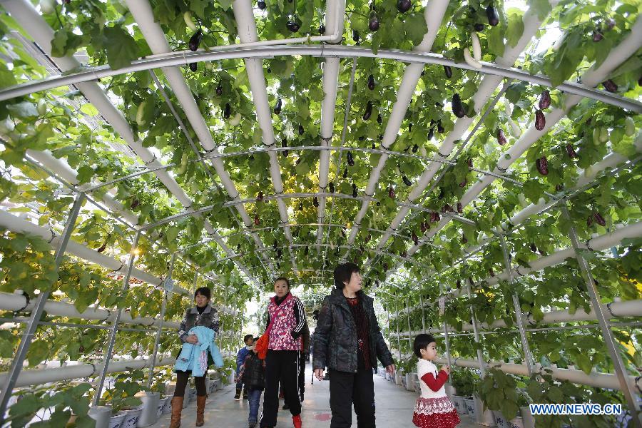 Visitors pose for photos with models of vegetables during the 1st Agriculture Carnival at the Strawberry Expo Park in Changping District, Beijing, capital of China, March 23, 2013. Opened Saturday, the carnival will continue till May 12, highlighting the latest agricultural science, technologies and creative agricultural projects. (Xinhua/Li Xin)