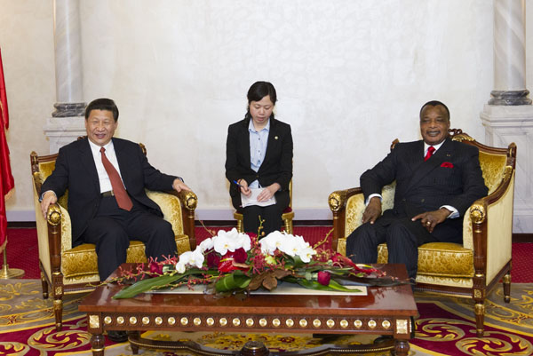Chinese President Xi Jinping(L) meets with his Congolese counterpart Denis Sassou Nguesso in Brazzaville, capital of the Republic of Congo, March 29, 2013.