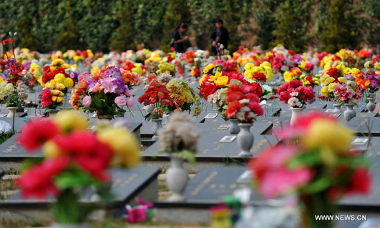 Citizens present flowers to their deceased relatives at a cemetery in Kunming, capital of southwest China's Yunnan Province, April 1, 2013, ahead of the Qingming Festival, or Tomb Sweeping Day, which falls on April 4 this year. [Xinhua]