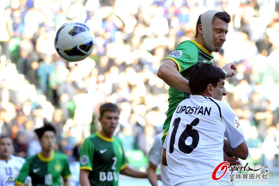 Darko Matic of Beijing Guoan and Artyom Filiposyan jump for the header in a AFC Champions League Group G match on April 2, 2013. 