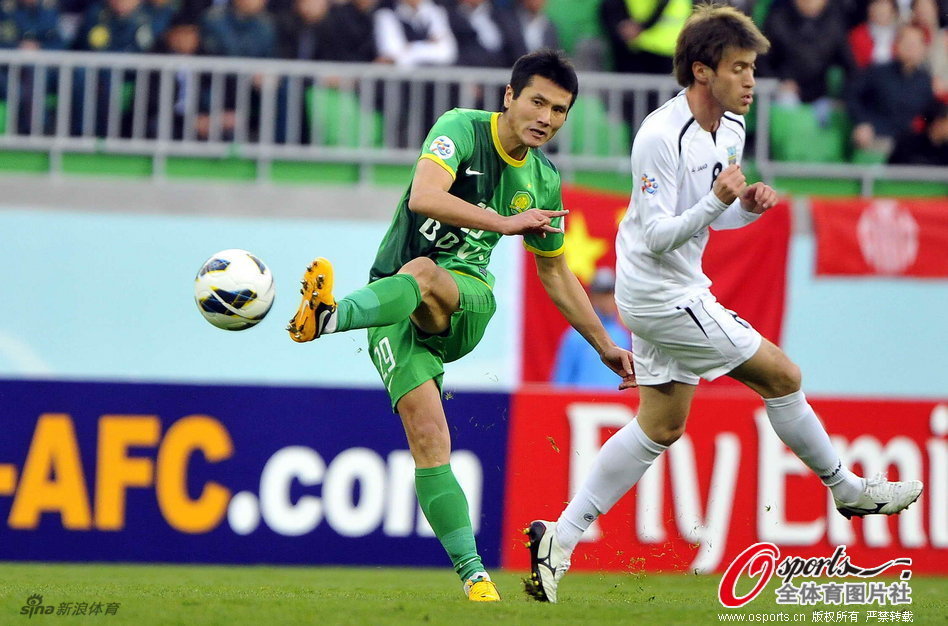 Shao Jiayi of Beijing Guoan strikes the ball. 