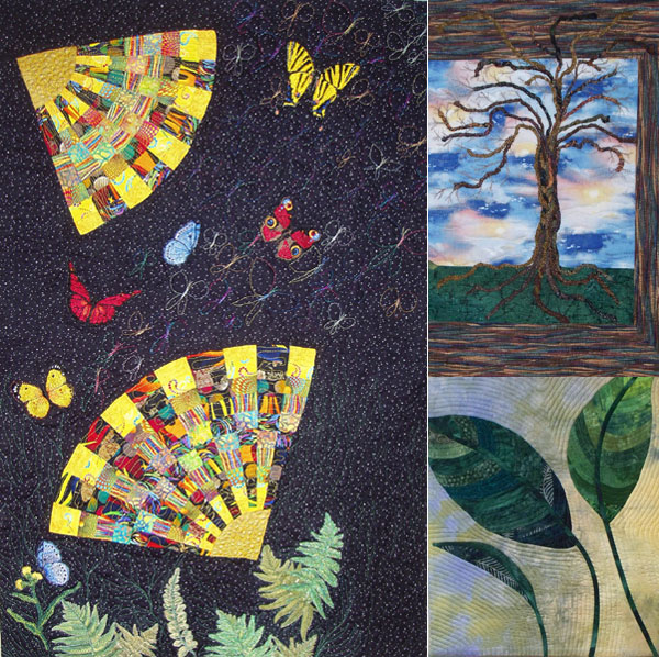 Finished quilts that Ginn uses to show her different stitching techniques include Butterfly Crossing (left), Twisted Tree (right top) and Leaf Study (right bottom). [Provided to China Daily] 