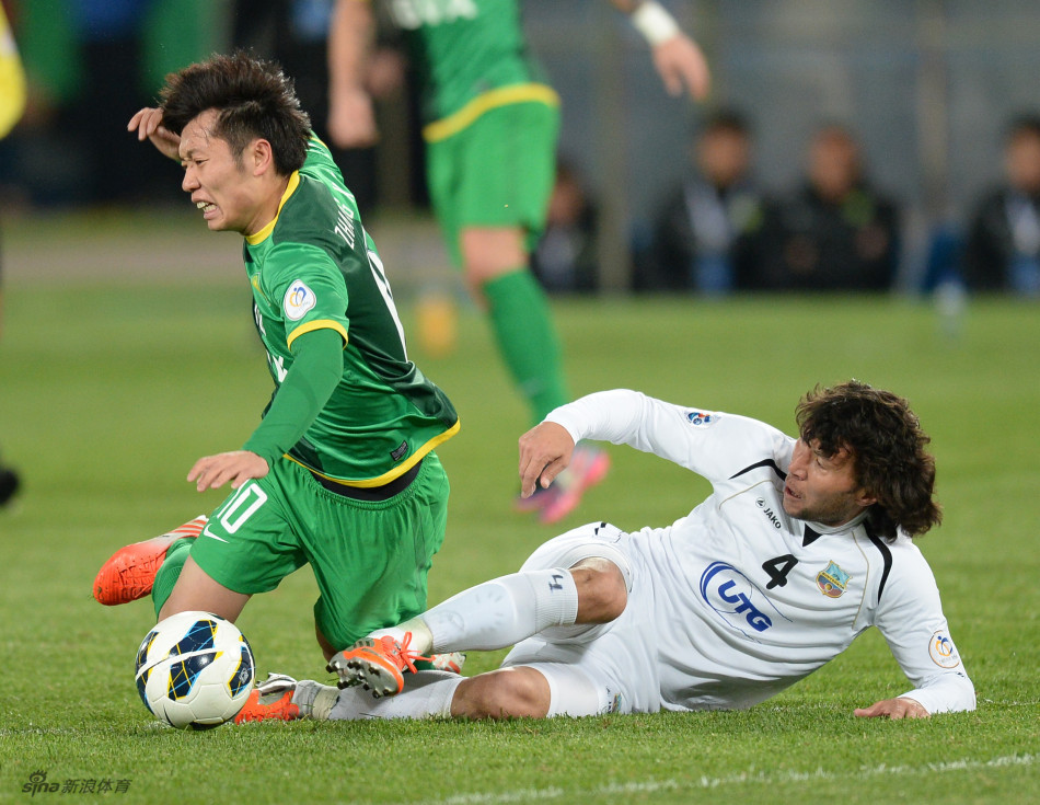 Zhang Xizhe tackled by Hayrulla Karimov. 