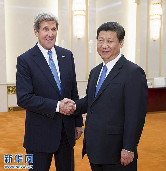 Chinese President Xi Jinping on Saturday meets with visiting U.S. Secretary of State John Kerry on bilateral ties and issues of common concern. [Xinhua]