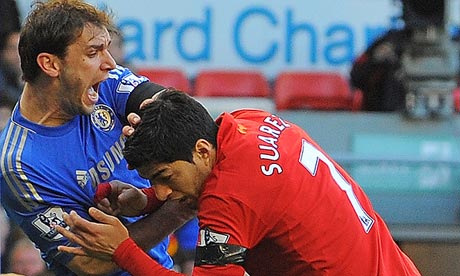 Luis Suárez bit the Chelsea defender Branislav Ivanovic after becoming embroiled in a tussle with him. 