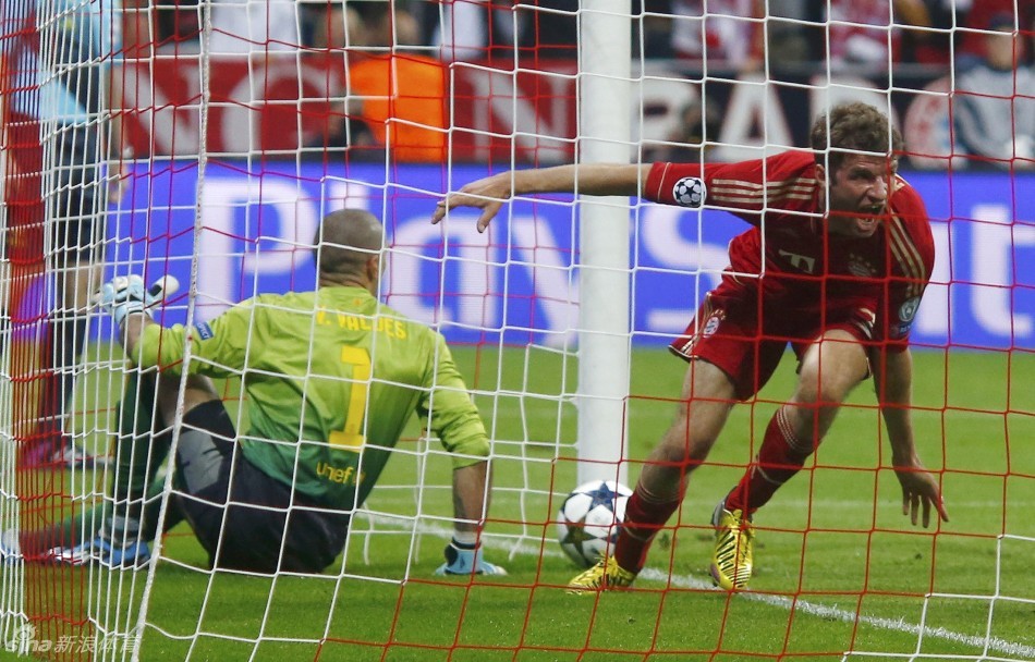 Thomas Muller celebrates scoring his second and Bayern's fourth to set Barca Mission Impossible.