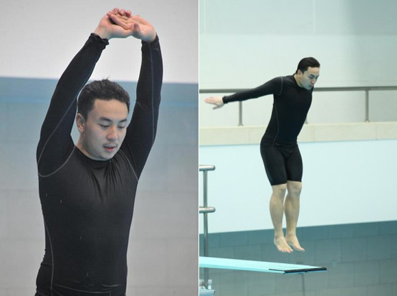 Shi Xiaolong, a renowned martial artist and actor in China, is during a diving training session.