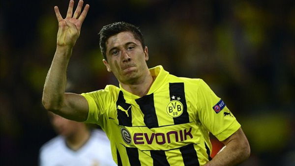 Robert Lewandowski takes the acclaim after firing in Dortmund's fourth on 66 minutes  