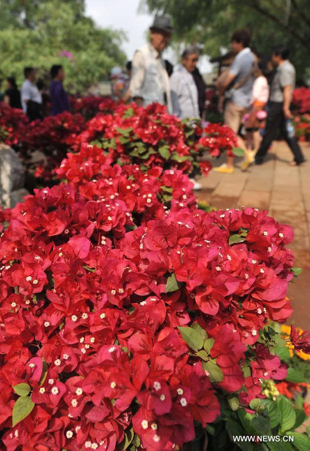 Tourists are seen in the Daguan Park in Kunming, capital of southwest China's Yunnan Province, April 30, 2013. Tourism boosted in Kunming during the three-day public holidays for the international workers' day on May 1. (Xinhua/Lin Yiguang)