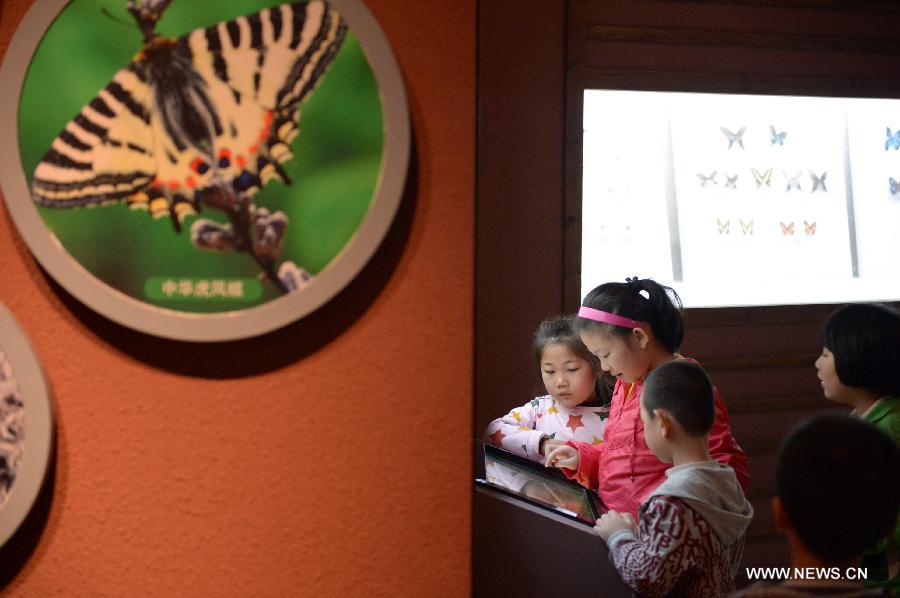 Children browse information on a screen in the provincial museum of Jiangxi in Nanchang, capital of east China's Jiangxi Province, April 30, 2013. The museum is one of the popular places for trouists to visit in Jiangxi during the three-day May Day holidays. (Xinhua/Zhou Mi) 