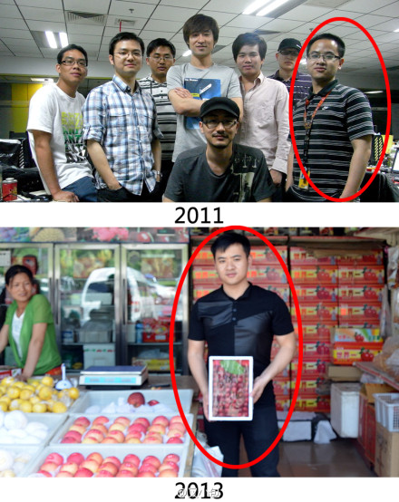 A combination photo shows what Xu Jia looks like in the office with his colleagues in 2011 and in his fruit store in 2013. [Photo by Chaxiaoba]