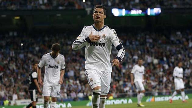 Real Madrid's Cristiano Ronaldo celebrates his goal against Malaga.