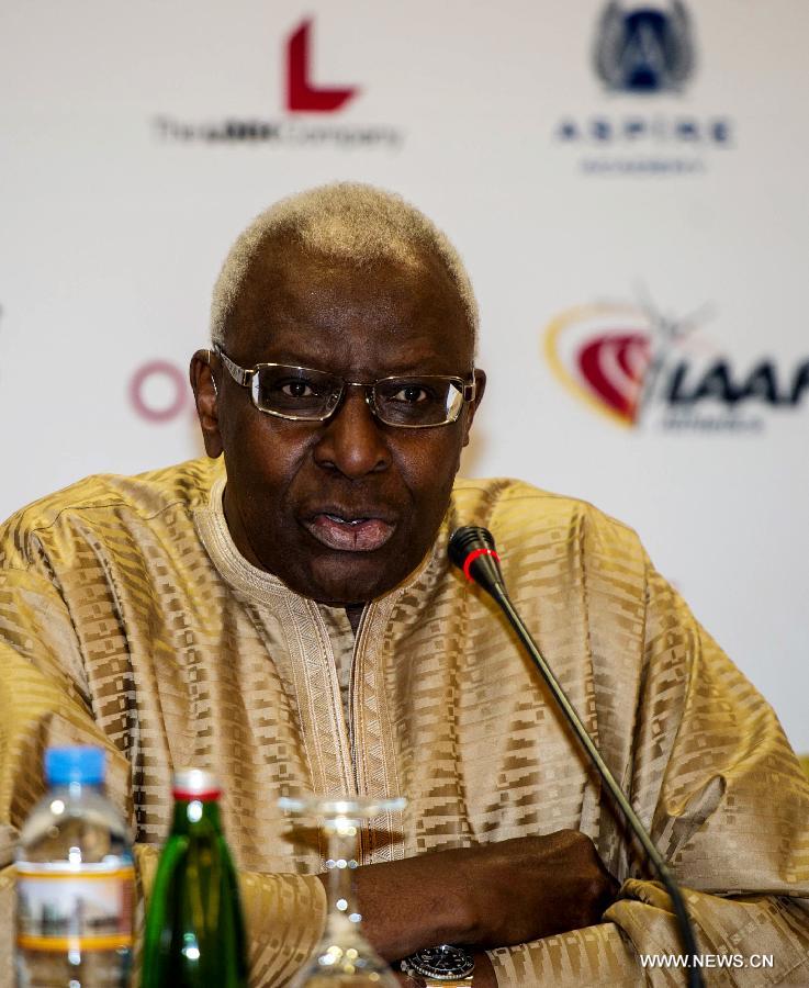 Senegal&apos;s Lamine Diack, president of IAAF speaks during the press conference for the 2013 IAAF Diamond League in Doha, capital of Qatar, May 9, 2013. The event will kick off on May 10.