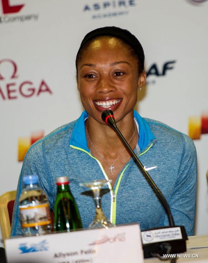 Allyson Felix of the United States speaks during the press conference for the 2013 IAAF Diamond League in Doha, capital of Qatar, May 9, 2013. The event will kick off on May 10.