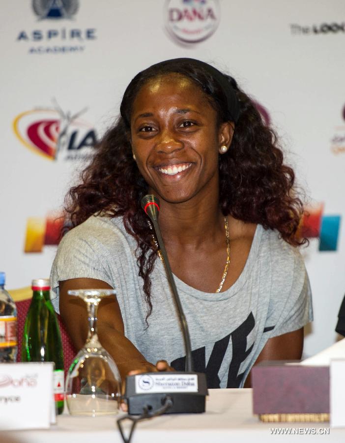 Jamaican Shelly-Ann Fraser-Pryce attends the press conference for the 2013 IAAF Diamond League in Doha, capital of Qatar, May 9, 2013. The event will kick off on May 10. 