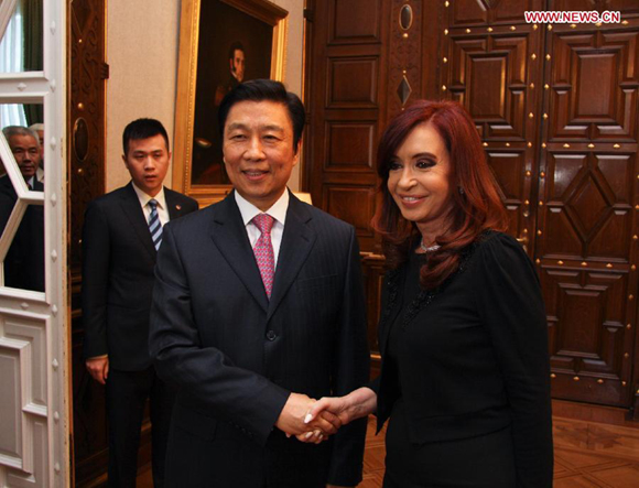 Argentine President Cristina Fernandez (R) meets with Chinese Vice President Li Yuanchao in Buenos Aires, Argentina, on May 10, 2013.
