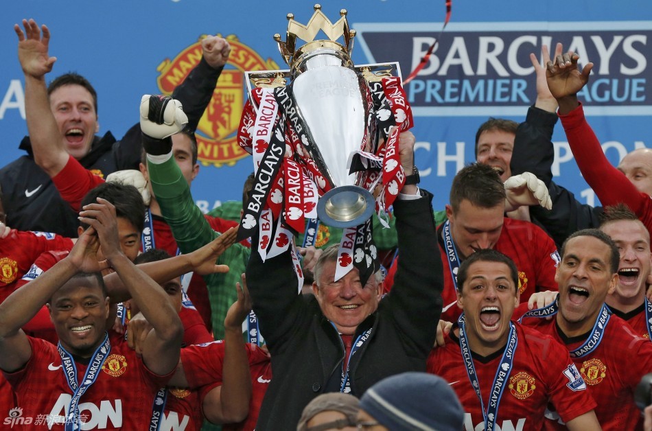 Ferguson lifted his 13th Premier League trophy after watching his side beat Swansea at Old Trafford.