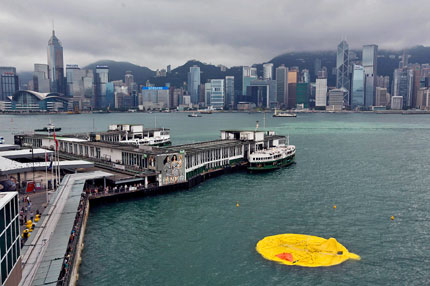  Left feeling flat. The rubber duck in Hong Kong has been deflated for checks.