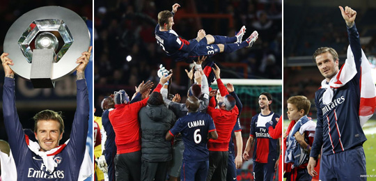 小贝，再见！ Beckham celebrates after PSG wins French League title