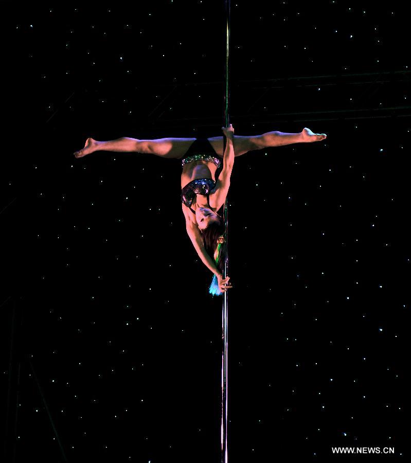 A dancer of China's National Pole Dancing Team performs in 'Fairies on the Pole,' the world's first pole dance drama, in Tianjin, north China, May 17, 2013. [Zhai Jianlan/Xinhua]