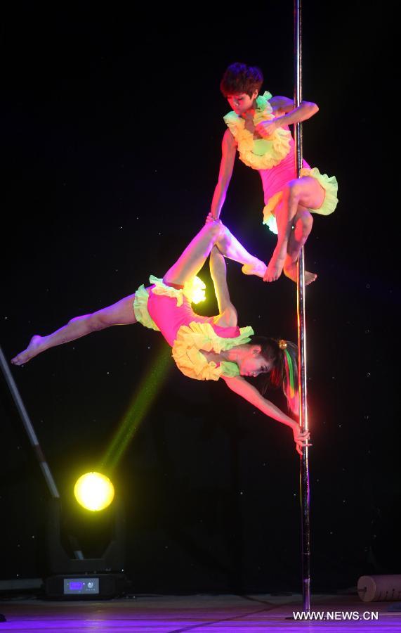 Dancers of China's National Pole Dancing Team perform in 'Fairies on the Pole,' the world's first pole dance drama, in Tianjin, north China, May 17, 2013. [Liu Dongyue/Xinhua]