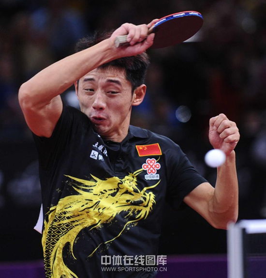 Zhang Jike returns a ball in the semi-finals.