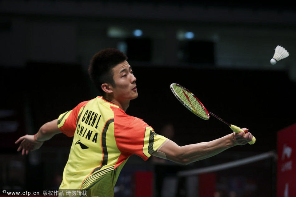 Cheng Long of China returns a shot against P. Kashyap of India during the 2013 Sudirman Cup world team badminton championships in Kuala Lumpur, Malaysia, on May 19, 2013.