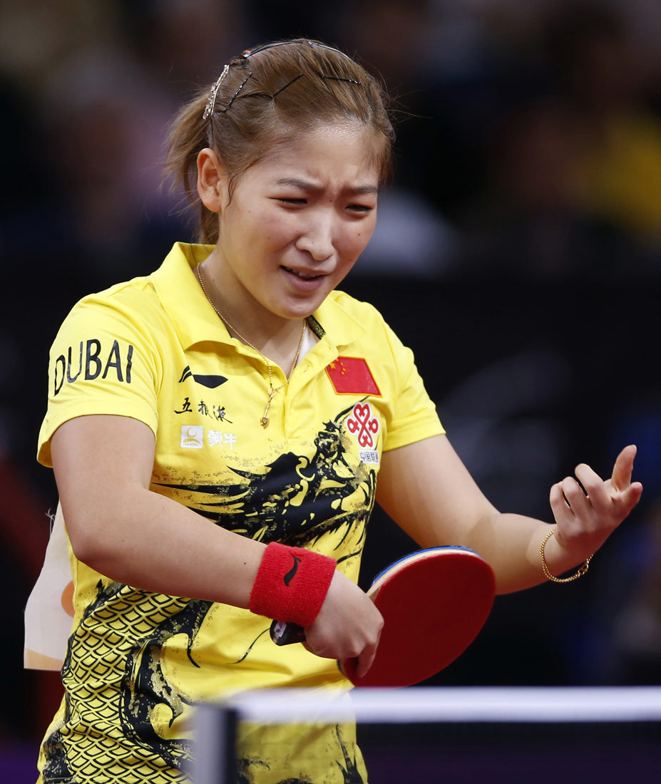 Liu Shiwen reacts in women's singles final. 