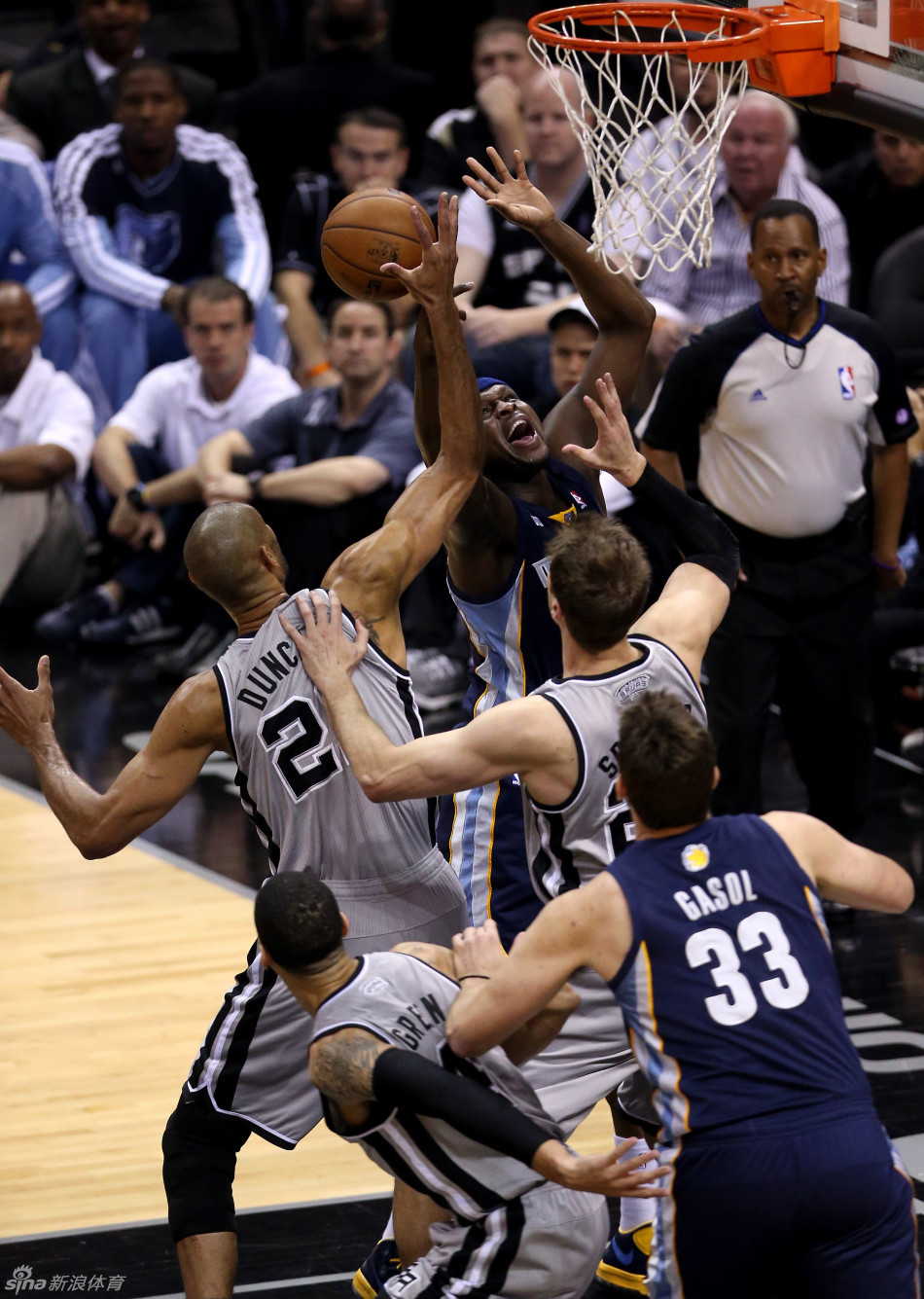 Zach Randolph blocked by Tim Duncan in Game 1 of NBA Western Conference finals between San Antonio Spurs and Memphis Grizzlies. 