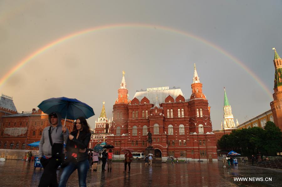 A rainbow arches is seen above Moscow's Red Square after a heavy rain on May 22, 2013. 