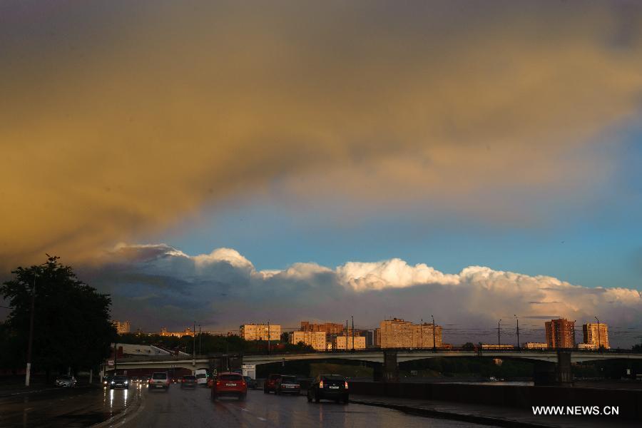 Photo taken on May 22, 2013 shows a view of Moscow city after a heavy rain in late afternoon.