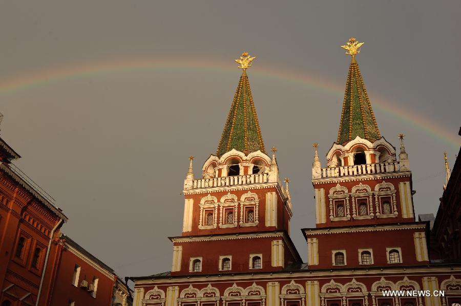 A rainbow arches is seen above Moscow's Red Square after a heavy rain on May 22, 2013. 